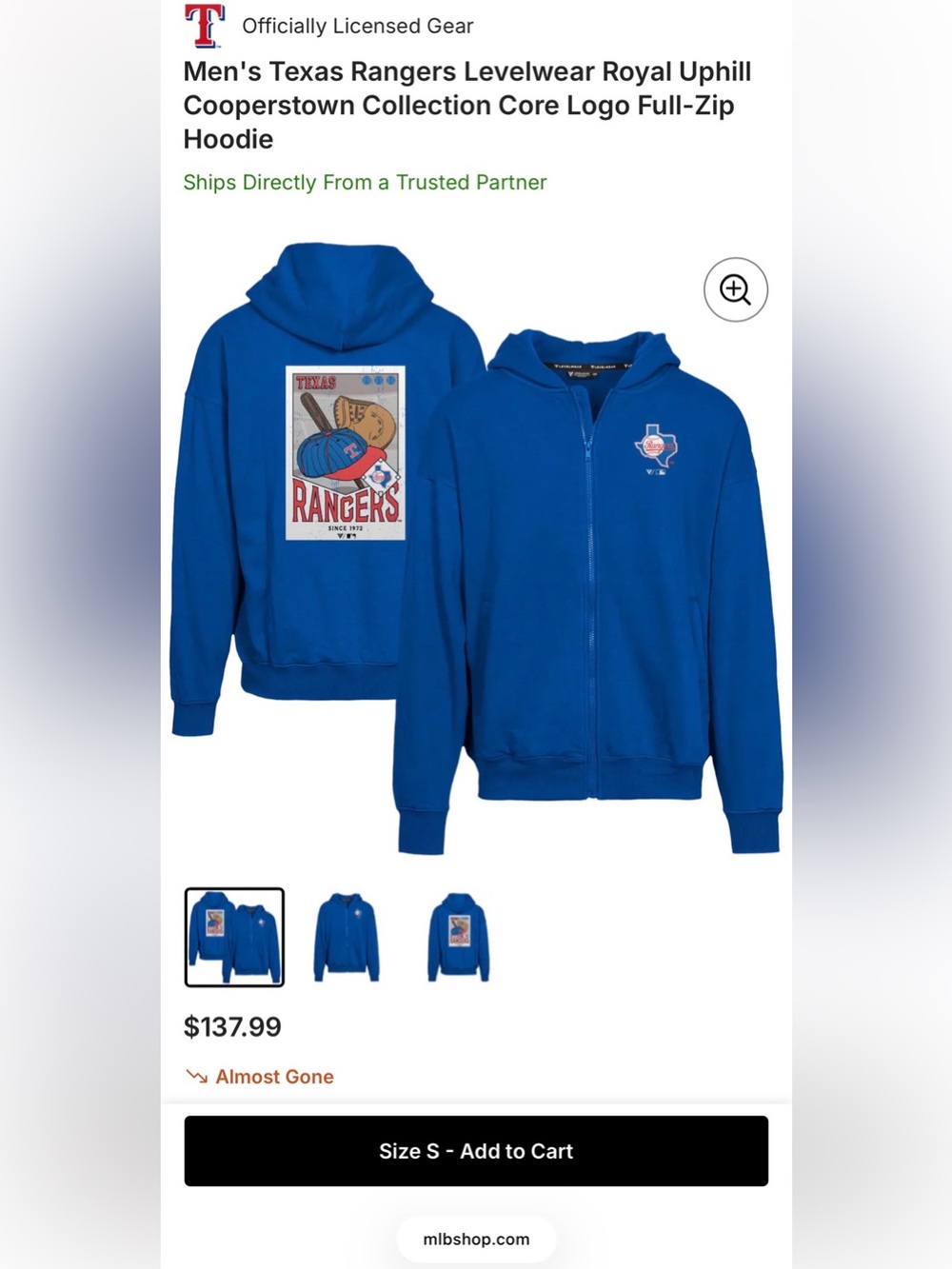 Texas Rangers Levelwear Cooperstown Collection Full Zip Hoodie Large Blue NWT